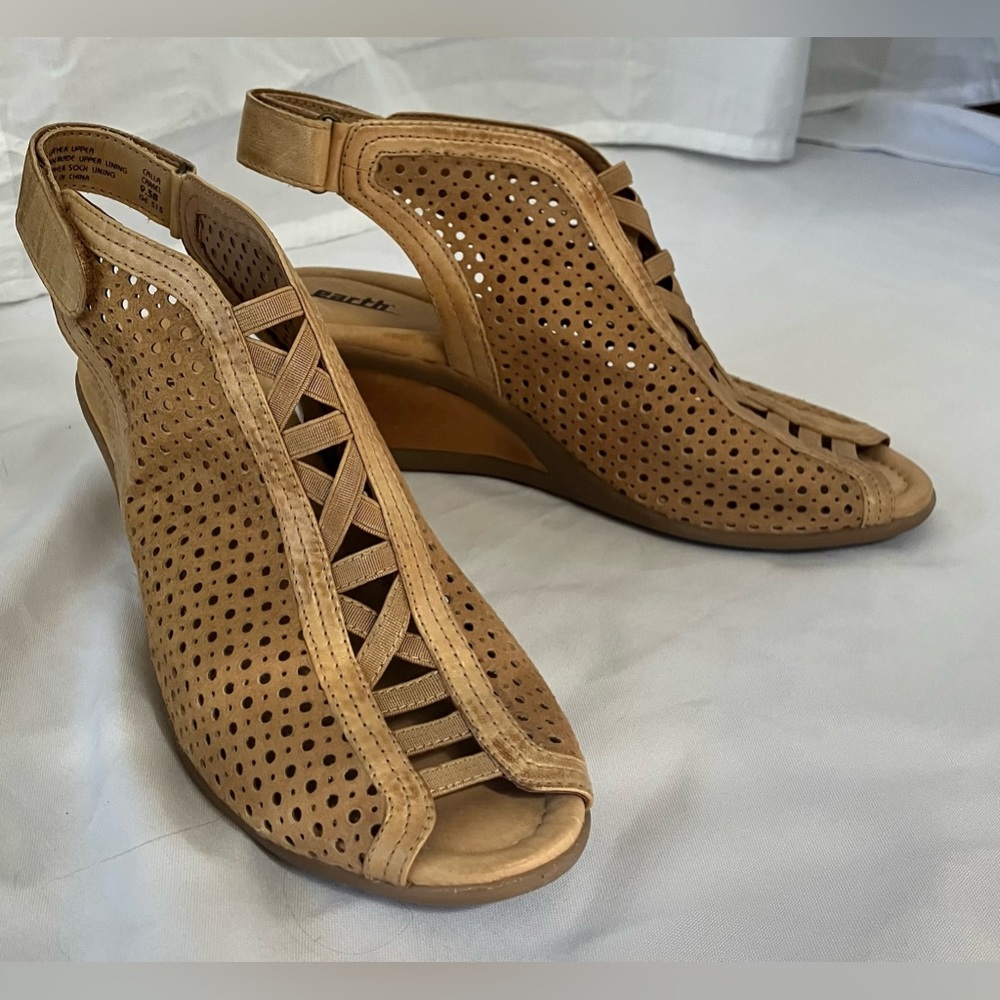 Earth Tan Perforated Slingback Wedge Sandals